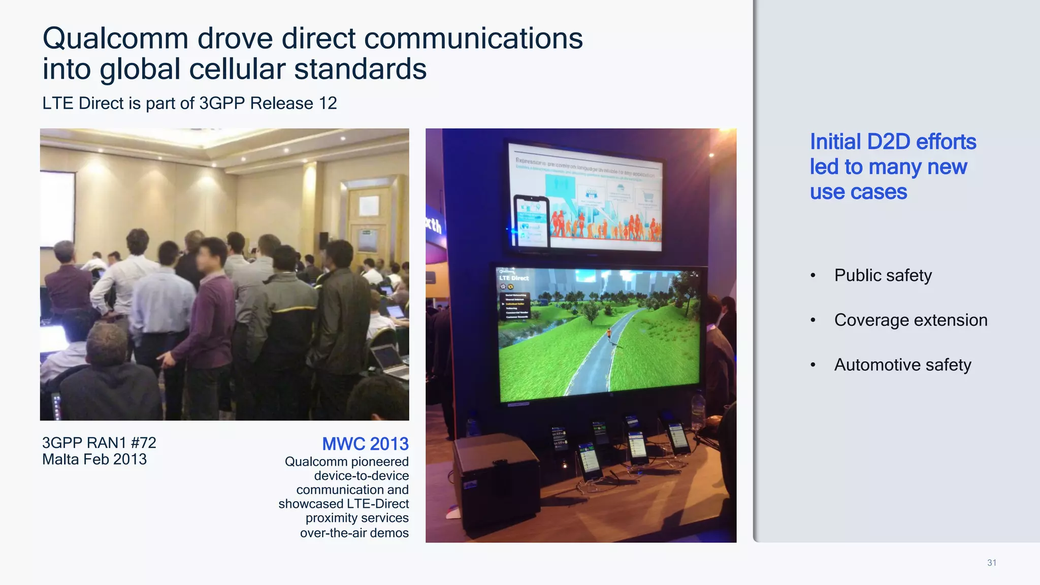 31
Qualcomm drove direct communications
into global cellular standards
LTE Direct is part of 3GPP Release 12
3GPP RAN1 #72
Malta Feb 2013
• Public safety
• Coverage extension
• Automotive safety
Initial D2D efforts
led to many new
use cases
MWC 2013
Qualcomm pioneered
device-to-device
communication and
showcased LTE-Direct
proximity services
over-the-air demos
 