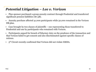 PwC
Potential Litigation – Lee v. Verizon
• Plan sponsor purchased a group annuity contract through Prudential and transferred
significant pension liabilities ($7.5B).
• Annuity purchase affected 41,000 participants while 50,000 remained in the Verizon
DB plan.
• Case brought by two classes of plaintiffs – one representing those transferred to
Prudential and one by participants who remained with Verizon.
• Participants argued for breach of fiduciary duty on the prudence of the transaction and
that Verizon failed to get consent and also discriminated against specific classes of
retirees.
• 5th Circuit recently confirmed that Verizon did not violate ERISA.
34
 
