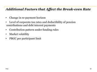 PwC
Additional Factors that Affect the Break-even Rate
40
• Change in re-payment horizon
• Level of corporate tax rates and deductibility of pension
contributions and debt interest payments
• Contribution pattern under funding rules
• Market volatility
• PBGC per participant limit
 