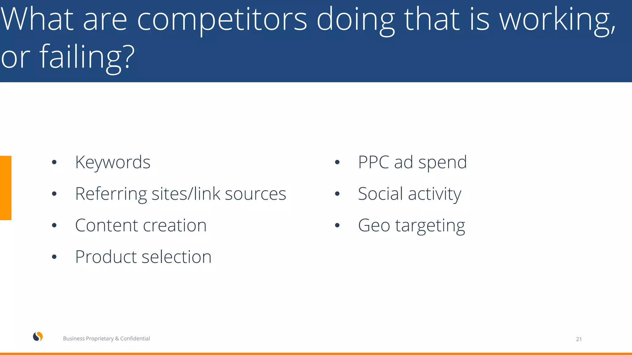 What are competitors doing that is working,
or failing?
21Business Proprietary & Confidential
• Keywords
• Referring sites/link sources
• Content creation
• Product selection
• PPC ad spend
• Social activity
• Geo targeting
 