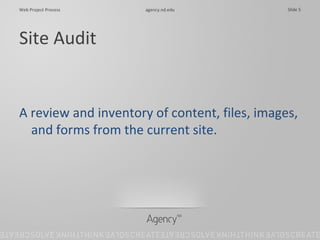 Site Audit A review and inventory of content, files, images, and forms from the current site. 