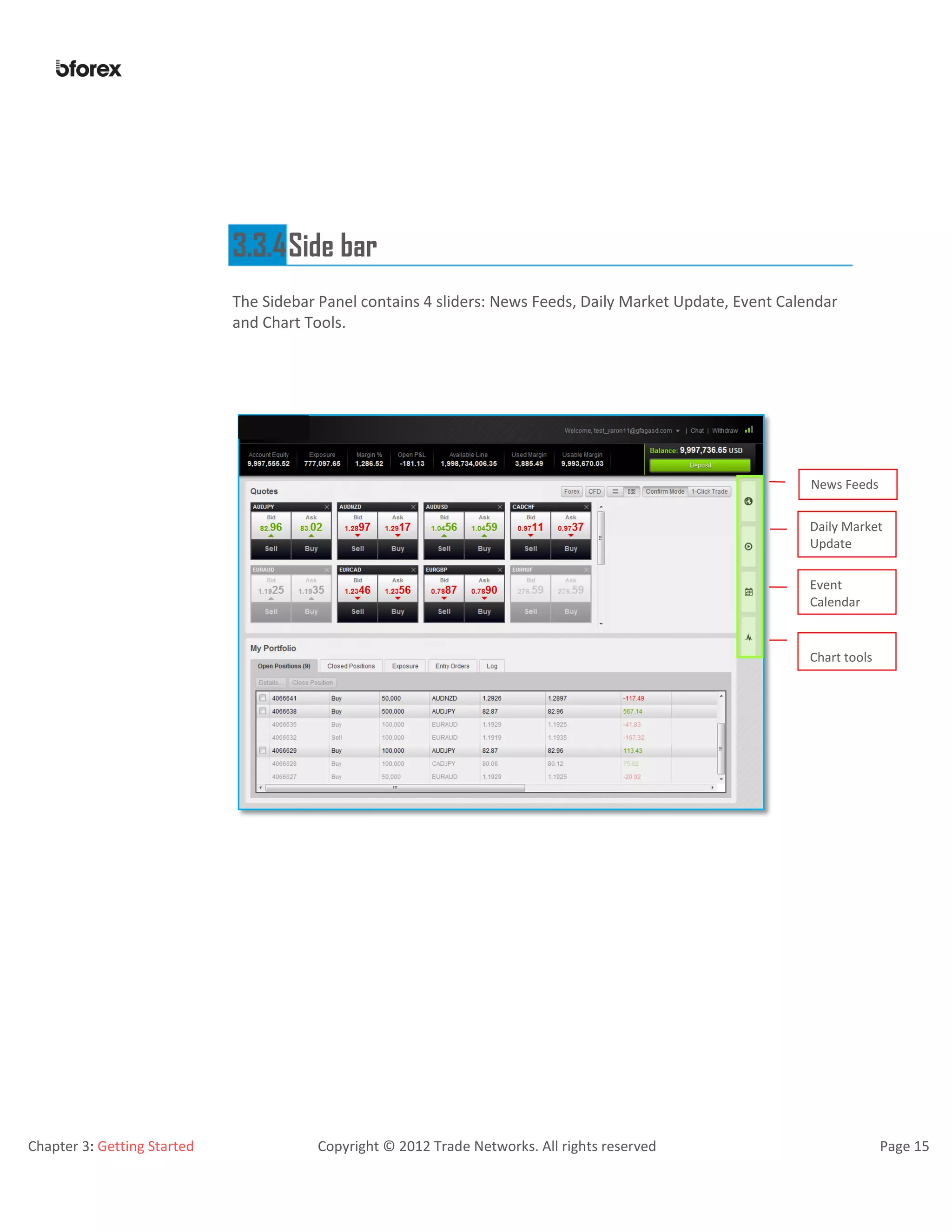 Chapter 3: Getting Started Copyright © 2012 Trade Networks. All rights reserved Page 15
3.3.4Side bar
The Sidebar Panel contains 4 sliders: News Feeds, Daily Market Update, Event Calendar
and Chart Tools.
Event
Calendar
Chart tools
Daily Market
Update
News Feeds
 