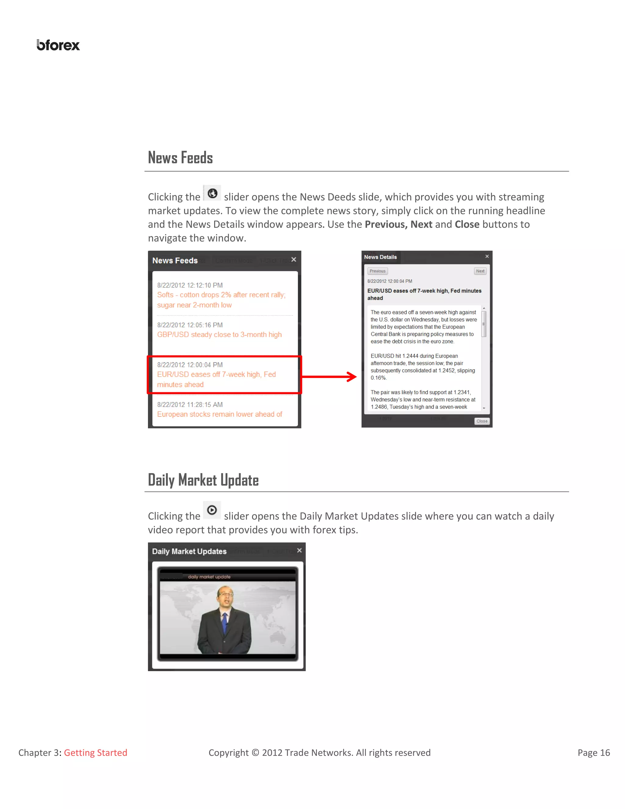 Chapter 3: Getting Started Copyright © 2012 Trade Networks. All rights reserved Page 16
News Feeds
Clicking the slider opens the News Deeds slide, which provides you with streaming
market updates. To view the complete news story, simply click on the running headline
and the News Details window appears. Use the Previous, Next and Close buttons to
navigate the window.
Daily Market Update
Clicking the slider opens the Daily Market Updates slide where you can watch a daily
video report that provides you with forex tips.
 