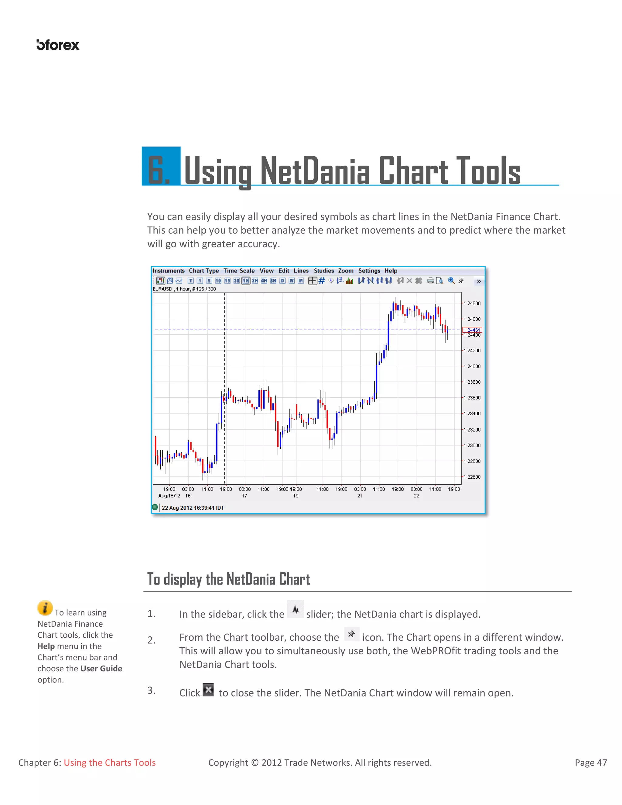 Chapter 6: Using the Charts Tools Copyright © 2012 Trade Networks. All rights reserved. Page 47
6. Using NetDania Chart Tools
You can easily display all your desired symbols as chart lines in the NetDania Finance Chart.
This can help you to better analyze the market movements and to predict where the market
will go with greater accuracy.
To display the NetDania Chart
To learn using
NetDania Finance
Chart tools, click the
Help menu in the
Chart’s menu bar and
choose the User Guide
option.
1. In the sidebar, click the slider; the NetDania chart is displayed.
2. From the Chart toolbar, choose the icon. The Chart opens in a different window.
This will allow you to simultaneously use both, the WebPROfit trading tools and the
NetDania Chart tools.
3. Click to close the slider. The NetDania Chart window will remain open.
 