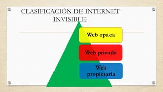 CLASIFICACIÒN DE INTERNET
INVISIBLE:
Web opaca
Web privada
Web
propietaria
 
