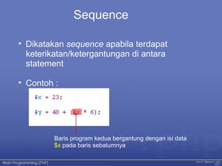 Sequence
• Dikatakan sequence apabila terdapat
keterikatan/ketergantungan di antara
statement
• Contoh :
Baris program kedua bergantung dengan isi data
$x pada baris sebalumnya
 