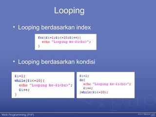 Looping
• Looping berdasarkan index
• Looping berdasarkan kondisi
 