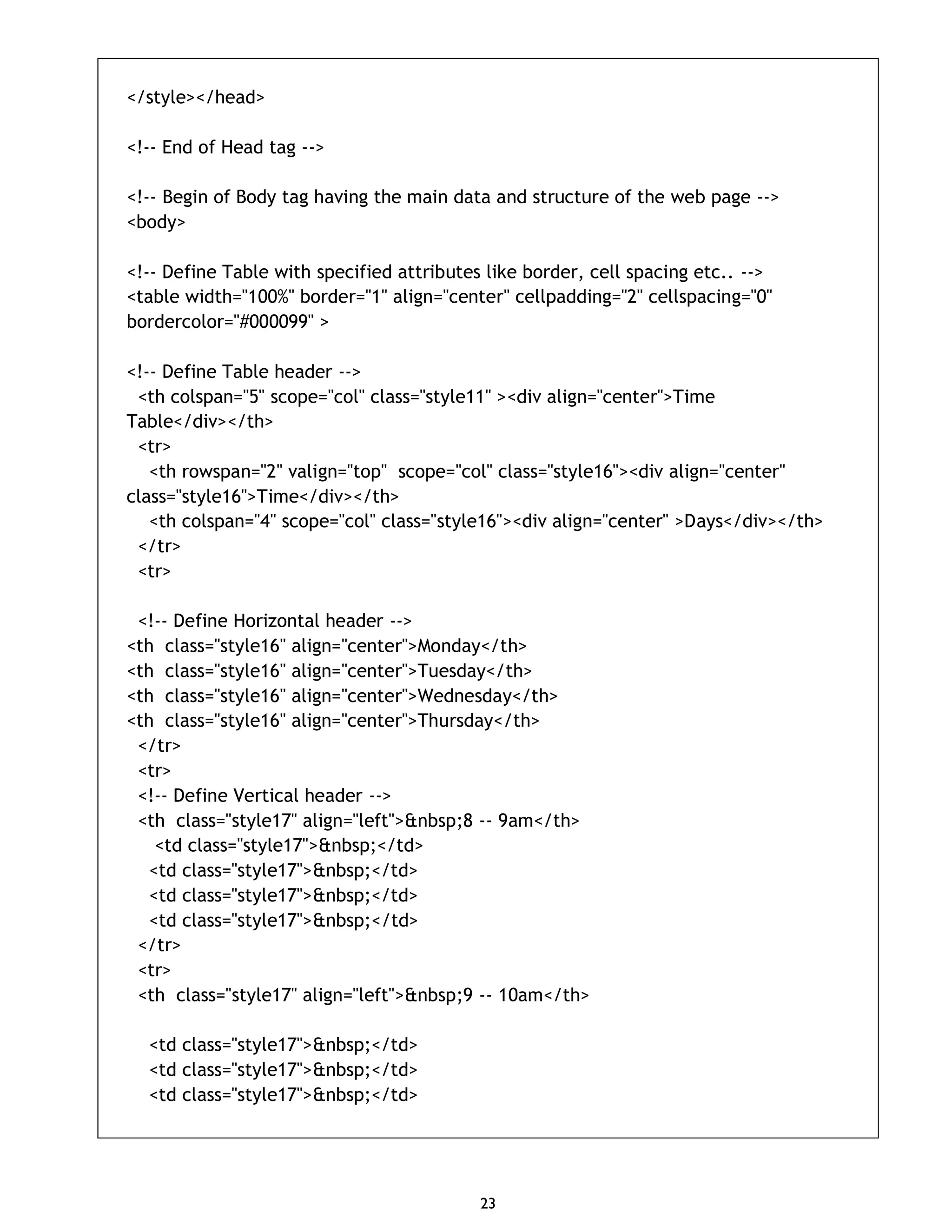 23 </style></head> <!-- End of Head tag --> <!-- Begin of Body tag having the main data and structure of the web page --> <body> <!-- Define Table with specified attributes like border, cell spacing etc.. --> <table width="100%" border="1" align="center" cellpadding="2" cellspacing="0" bordercolor="#000099" > <!-- Define Table header --> <th colspan="5" scope="col" class="style11" ><div align="center">Time Table</div></th> <tr> <th rowspan="2" valign="top" scope="col" class="style16"><div align="center" class="style16">Time</div></th> <th colspan="4" scope="col" class="style16"><div align="center" >Days</div></th> </tr> <tr> <!-- Define Horizontal header --> <th class="style16" align="center">Monday</th> <th class="style16" align="center">Tuesday</th> <th class="style16" align="center">Wednesday</th> <th class="style16" align="center">Thursday</th> </tr> <tr> <!-- Define Vertical header --> <th class="style17" align="left">&nbsp;8 -- 9am</th> <td class="style17">&nbsp;</td> <td class="style17">&nbsp;</td> <td class="style17">&nbsp;</td> <td class="style17">&nbsp;</td> </tr> <tr> <th class="style17" align="left">&nbsp;9 -- 10am</th> <td class="style17">&nbsp;</td> <td class="style17">&nbsp;</td> <td class="style17">&nbsp;</td> 