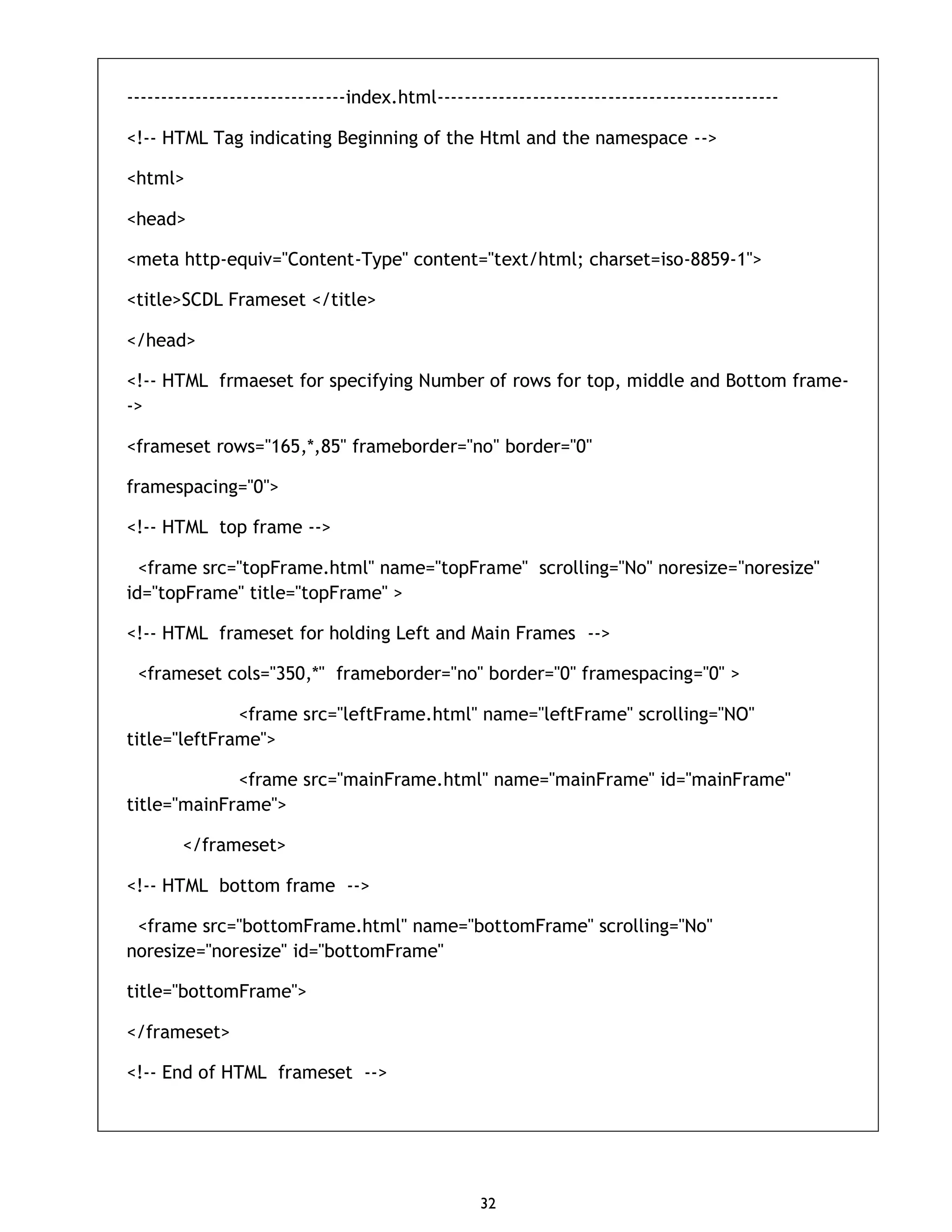 32 --------------------------------index.html-------------------------------------------------- <!-- HTML Tag indicating Beginning of the Html and the namespace --> <html> <head> <meta http-equiv="Content-Type" content="text/html; charset=iso-8859-1"> <title>SCDL Frameset </title> </head> <!-- HTML frmaeset for specifying Number of rows for top, middle and Bottom frame- -> <frameset rows="165,*,85" frameborder="no" border="0" framespacing="0"> <!-- HTML top frame --> <frame src="topFrame.html" name="topFrame" scrolling="No" noresize="noresize" id="topFrame" title="topFrame" > <!-- HTML frameset for holding Left and Main Frames --> <frameset cols="350,*" frameborder="no" border="0" framespacing="0" > <frame src="leftFrame.html" name="leftFrame" scrolling="NO" title="leftFrame"> <frame src="mainFrame.html" name="mainFrame" id="mainFrame" title="mainFrame"> </frameset> <!-- HTML bottom frame --> <frame src="bottomFrame.html" name="bottomFrame" scrolling="No" noresize="noresize" id="bottomFrame" title="bottomFrame"> </frameset> <!-- End of HTML frameset --> 