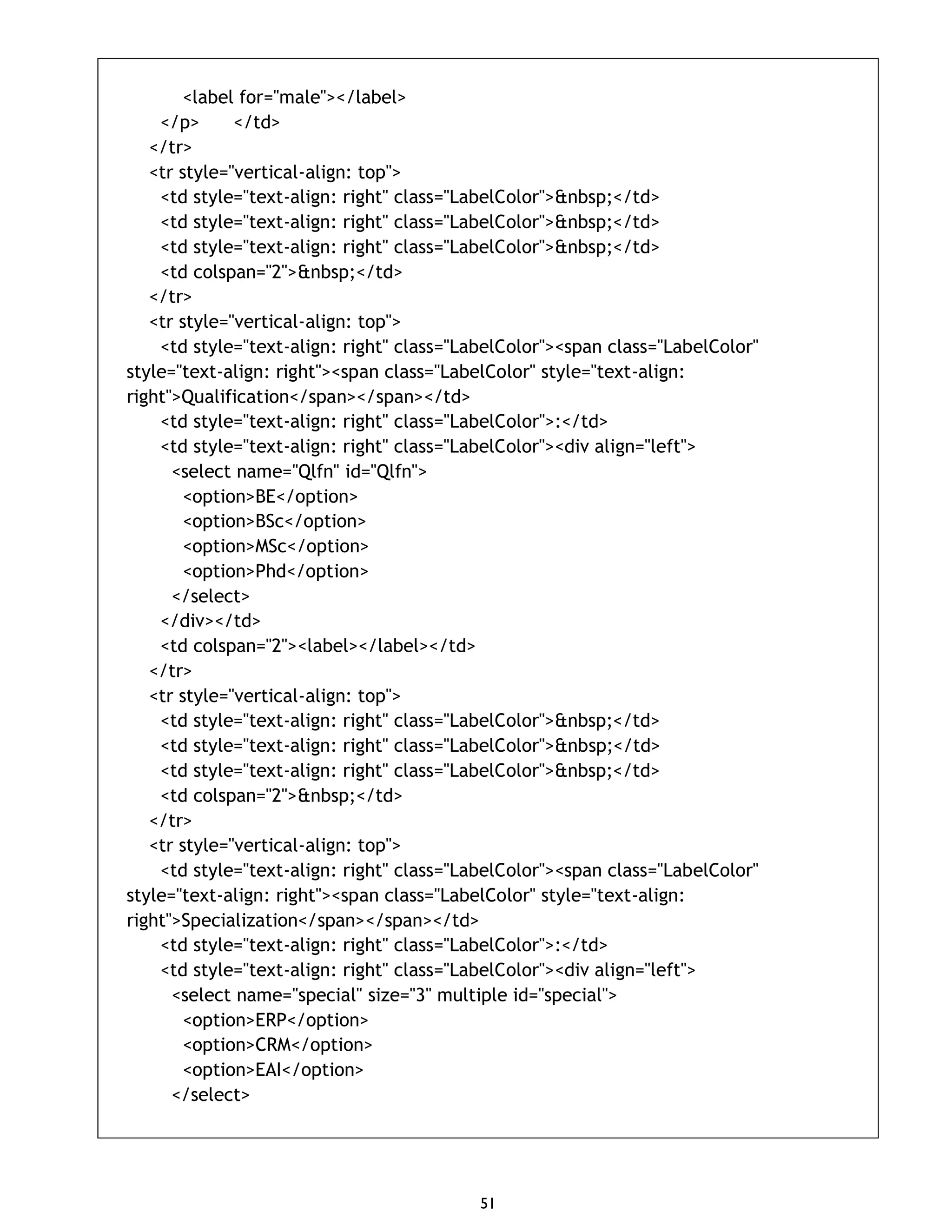 51 <label for="male"></label> </p> </td> </tr> <tr style="vertical-align: top"> <td style="text-align: right" class="LabelColor">&nbsp;</td> <td style="text-align: right" class="LabelColor">&nbsp;</td> <td style="text-align: right" class="LabelColor">&nbsp;</td> <td colspan="2">&nbsp;</td> </tr> <tr style="vertical-align: top"> <td style="text-align: right" class="LabelColor"><span class="LabelColor" style="text-align: right"><span class="LabelColor" style="text-align: right">Qualification</span></span></td> <td style="text-align: right" class="LabelColor">:</td> <td style="text-align: right" class="LabelColor"><div align="left"> <select name="Qlfn" id="Qlfn"> <option>BE</option> <option>BSc</option> <option>MSc</option> <option>Phd</option> </select> </div></td> <td colspan="2"><label></label></td> </tr> <tr style="vertical-align: top"> <td style="text-align: right" class="LabelColor">&nbsp;</td> <td style="text-align: right" class="LabelColor">&nbsp;</td> <td style="text-align: right" class="LabelColor">&nbsp;</td> <td colspan="2">&nbsp;</td> </tr> <tr style="vertical-align: top"> <td style="text-align: right" class="LabelColor"><span class="LabelColor" style="text-align: right"><span class="LabelColor" style="text-align: right">Specialization</span></span></td> <td style="text-align: right" class="LabelColor">:</td> <td style="text-align: right" class="LabelColor"><div align="left"> <select name="special" size="3" multiple id="special"> <option>ERP</option> <option>CRM</option> <option>EAI</option> </select> 