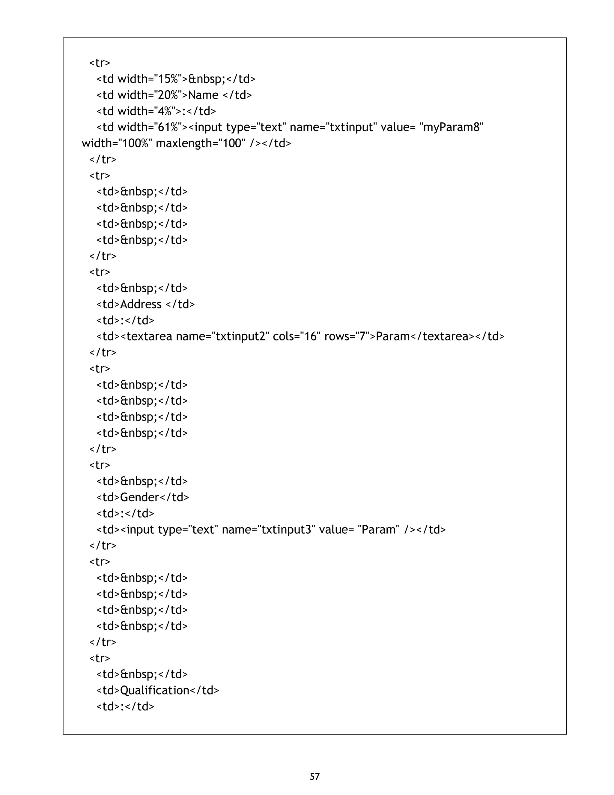 57 <tr> <td width="15%">&nbsp;</td> <td width="20%">Name </td> <td width="4%">:</td> <td width="61%"><input type="text" name="txtinput" value= "myParam8" width="100%" maxlength="100" /></td> </tr> <tr> <td>&nbsp;</td> <td>&nbsp;</td> <td>&nbsp;</td> <td>&nbsp;</td> </tr> <tr> <td>&nbsp;</td> <td>Address </td> <td>:</td> <td><textarea name="txtinput2" cols="16" rows="7">Param</textarea></td> </tr> <tr> <td>&nbsp;</td> <td>&nbsp;</td> <td>&nbsp;</td> <td>&nbsp;</td> </tr> <tr> <td>&nbsp;</td> <td>Gender</td> <td>:</td> <td><input type="text" name="txtinput3" value= "Param" /></td> </tr> <tr> <td>&nbsp;</td> <td>&nbsp;</td> <td>&nbsp;</td> <td>&nbsp;</td> </tr> <tr> <td>&nbsp;</td> <td>Qualification</td> <td>:</td> 