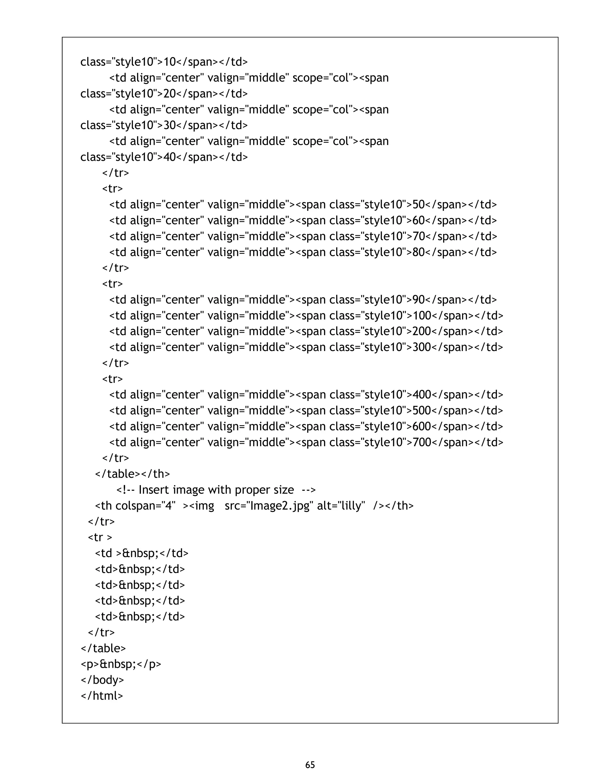 65 class="style10">10</span></td> <td align="center" valign="middle" scope="col"><span class="style10">20</span></td> <td align="center" valign="middle" scope="col"><span class="style10">30</span></td> <td align="center" valign="middle" scope="col"><span class="style10">40</span></td> </tr> <tr> <td align="center" valign="middle"><span class="style10">50</span></td> <td align="center" valign="middle"><span class="style10">60</span></td> <td align="center" valign="middle"><span class="style10">70</span></td> <td align="center" valign="middle"><span class="style10">80</span></td> </tr> <tr> <td align="center" valign="middle"><span class="style10">90</span></td> <td align="center" valign="middle"><span class="style10">100</span></td> <td align="center" valign="middle"><span class="style10">200</span></td> <td align="center" valign="middle"><span class="style10">300</span></td> </tr> <tr> <td align="center" valign="middle"><span class="style10">400</span></td> <td align="center" valign="middle"><span class="style10">500</span></td> <td align="center" valign="middle"><span class="style10">600</span></td> <td align="center" valign="middle"><span class="style10">700</span></td> </tr> </table></th> <!-- Insert image with proper size --> <th colspan="4" ><img src="Image2.jpg" alt="lilly" /></th> </tr> <tr > <td >&nbsp;</td> <td>&nbsp;</td> <td>&nbsp;</td> <td>&nbsp;</td> <td>&nbsp;</td> </tr> </table> <p>&nbsp;</p> </body> </html> 