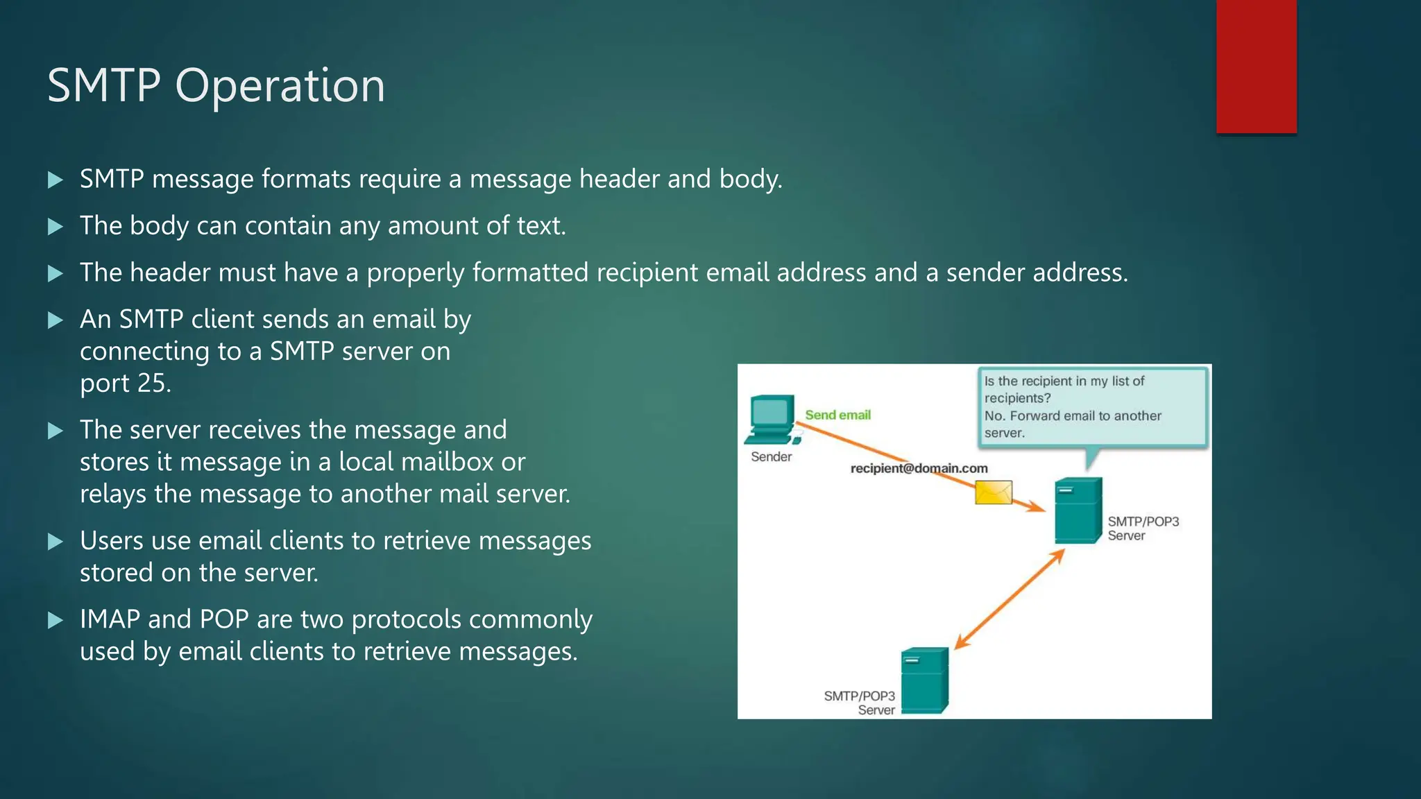 SMTP Operation
 SMTP message formats require a message header and body.
 The body can contain any amount of text.
 The header must have a properly formatted recipient email address and a sender address.
 An SMTP client sends an email by
connecting to a SMTP server on
port 25.
 The server receives the message and
stores it message in a local mailbox or
relays the message to another mail server.
 Users use email clients to retrieve messages
stored on the server.
 IMAP and POP are two protocols commonly
used by email clients to retrieve messages.
 