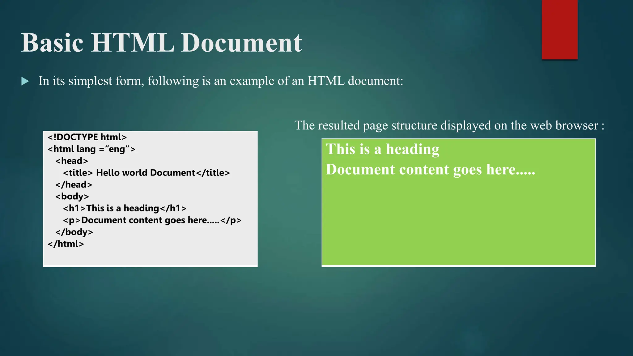 Basic HTML Document
 In its simplest form, following is an example of an HTML document:
The resulted page structure displayed on the web browser :
<!DOCTYPE html>
<html lang =”eng”>
<head>
<title> Hello world Document</title>
</head>
<body>
<h1>This is a heading</h1>
<p>Document content goes here.....</p>
</body>
</html>
This is a heading
Document content goes here.....
 
