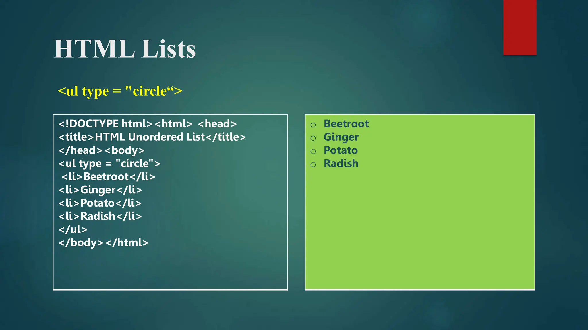 HTML Lists
<ul type = "circle“>
<!DOCTYPE html><html> <head>
<title>HTML Unordered List</title>
</head><body>
<ul type = "circle">
<li>Beetroot</li>
<li>Ginger</li>
<li>Potato</li>
<li>Radish</li>
</ul>
</body></html>
o Beetroot
o Ginger
o Potato
o Radish
 
