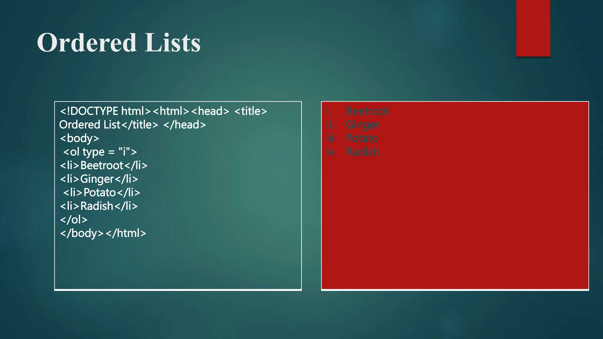 Ordered Lists
<!DOCTYPE html><html><head> <title>
Ordered List</title> </head>
<body>
<ol type = "i">
<li>Beetroot</li>
<li>Ginger</li>
<li>Potato</li>
<li>Radish</li>
</ol>
</body></html>
i. Beetroot
ii. Ginger
iii. Potato
iv. Radish
 