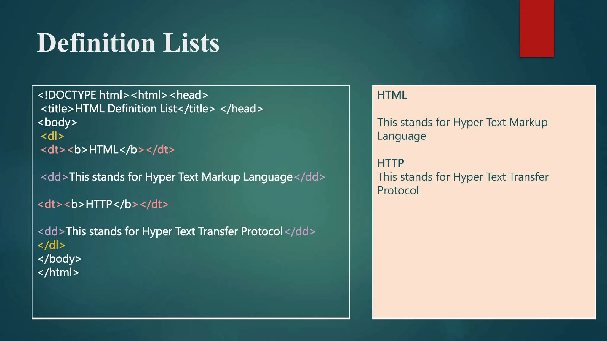 Definition Lists
<!DOCTYPE html><html><head>
<title>HTML Definition List</title> </head>
<body>
<dl>
<dt><b>HTML</b></dt>
<dd>This stands for Hyper Text Markup Language</dd>
<dt><b>HTTP</b></dt>
<dd>This stands for Hyper Text Transfer Protocol</dd>
</dl>
</body>
</html>
HTML
This stands for Hyper Text Markup
Language
HTTP
This stands for Hyper Text Transfer
Protocol
 