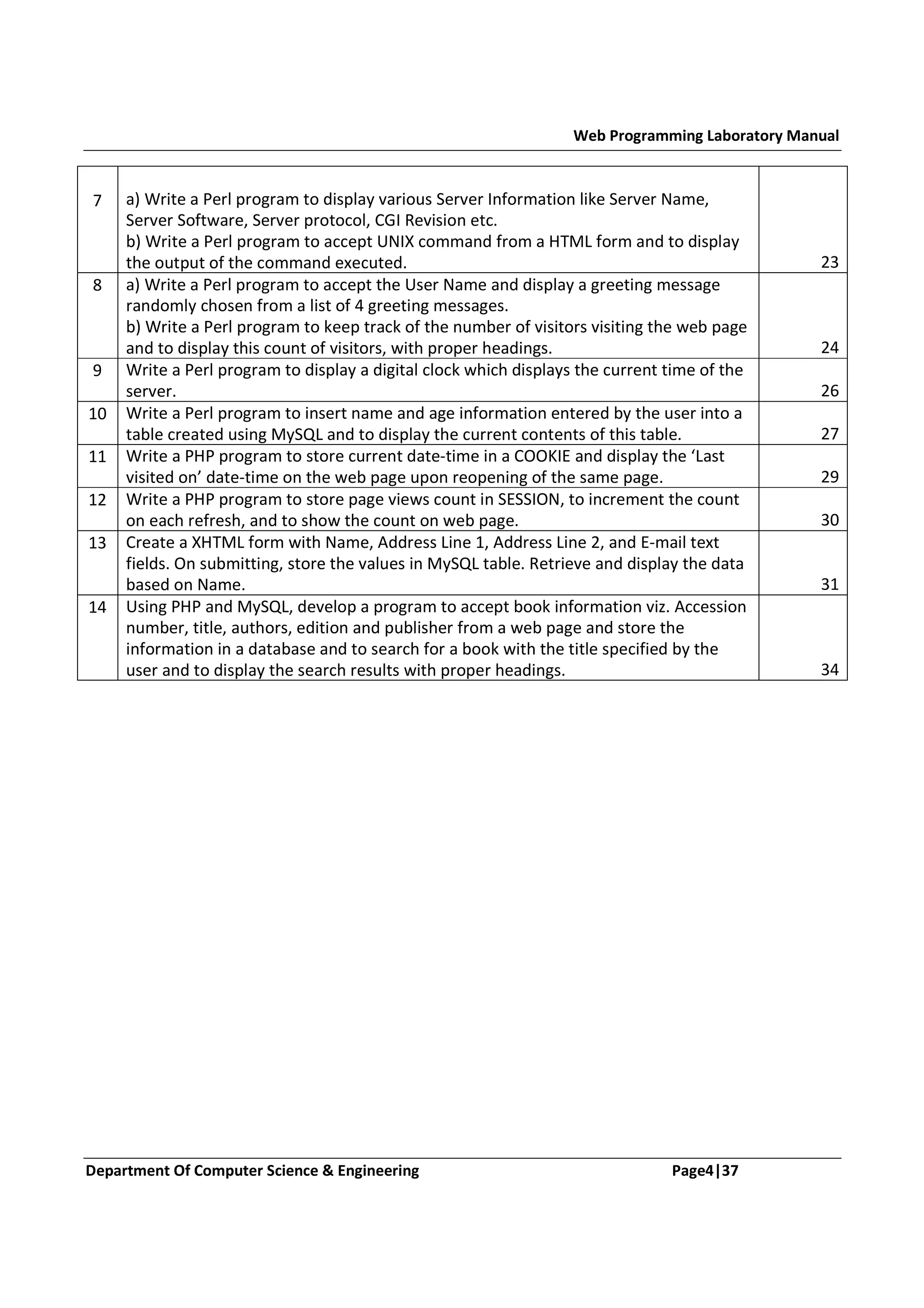 Web Programming Laboratory Manual 7 8 9 10 11 12 13 14 a) Write a Perl program to display various Server Information like Server Name, Server Software, Server protocol, CGI Revision etc. b) Write a Perl program to accept UNIX command from a HTML form and to display the output of the command executed. a) Write a Perl program to accept the User Name and display a greeting message randomly chosen from a list of 4 greeting messages. b) Write a Perl program to keep track of the number of visitors visiting the web page and to display this count of visitors, with proper headings. Write a Perl program to display a digital clock which displays the current time of the server. Write a Perl program to insert name and age information entered by the user into a table created using MySQL and to display the current contents of this table. Write a PHP program to store current date-time in a COOKIE and display the ‘Last visited on’ date-time on the web page upon reopening of the same page. Write a PHP program to store page views count in SESSION, to increment the count on each refresh, and to show the count on web page. Create a XHTML form with Name, Address Line 1, Address Line 2, and E-mail text fields. On submitting, store the values in MySQL table. Retrieve and display the data based on Name. Using PHP and MySQL, develop a program to accept book information viz. Accession number, title, authors, edition and publisher from a web page and store the information in a database and to search for a book with the title specified by the user and to display the search results with proper headings. Department Of Computer Science & Engineering Page4|37 23 24 26 27 29 30 31 34 