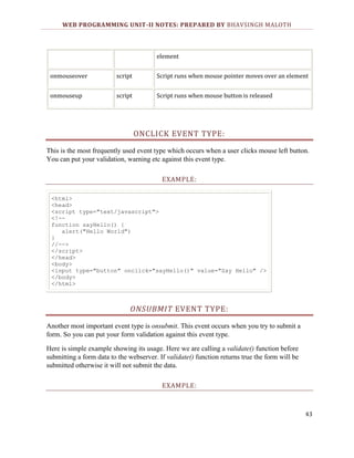 WEB PROGRAMMING UNIT-II NOTES: PREPARED BY BHAVSINGH MALOTH

element
onmouseover

script

Script runs when mouse pointer moves over an element

onmouseup

script

Script runs when mouse button is released

ONCLICK EVENT TYPE:
This is the most frequently used event type which occurs when a user clicks mouse left button.
You can put your validation, warning etc against this event type.
EXAMPLE:
<html>
<head>
<script type="text/javascript">
<!-function sayHello() {
alert("Hello World")
}
//-->
</script>
</head>
<body>
<input type="button" onclick="sayHello()" value="Say Hello" />
</body>
</html>

ONSUBMIT EVENT TYPE:
Another most important event type is onsubmit. This event occurs when you try to submit a
form. So you can put your form validation against this event type.
Here is simple example showing its usage. Here we are calling a validate() function before
submitting a form data to the webserver. If validate() function returns true the form will be
submitted otherwise it will not submit the data.
EXAMPLE:

43

 