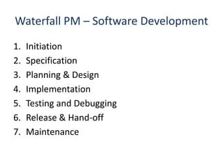 Waterfall PM – Software DevelopmentInitiationSpecificationPlanning & DesignImplementationTesting and DebuggingRelease & Hand-offMaintenance