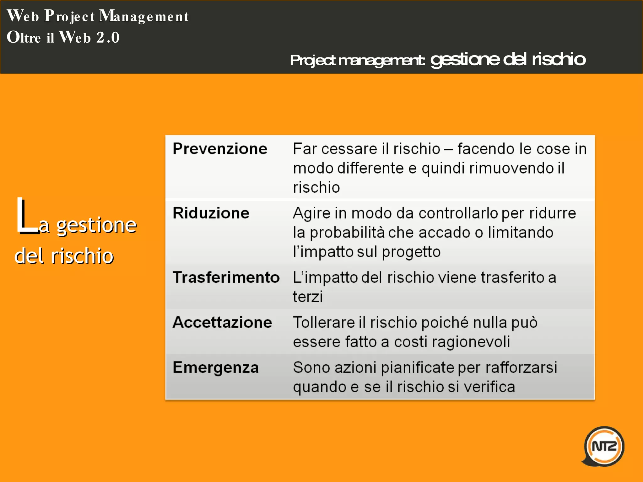 Project management:   gestione del rischio W eb  P roject  M anagement O ltre il  W eb  2.0 L a gestione del rischio 