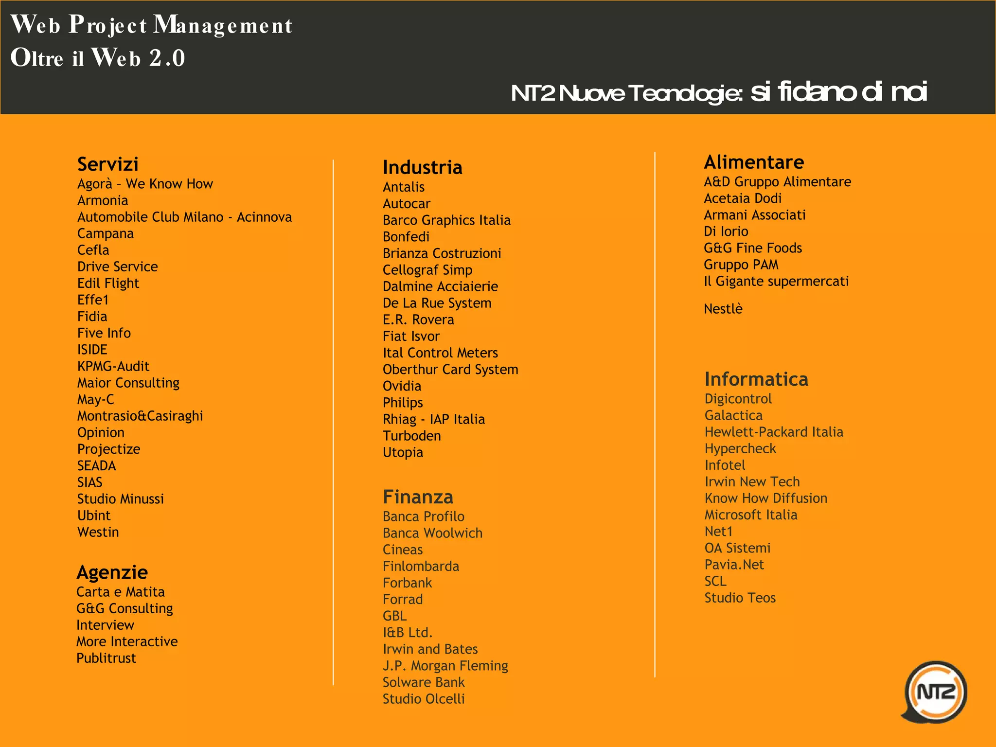 Agenzie Carta e Matita  G&G Consulting  Interview  More Interactive  Publitrust  Industria Antalis Autocar  Barco Graphics Italia  Bonfedi  Brianza Costruzioni  Cellograf Simp  Dalmine Acciaierie  De La Rue System  E.R. Rovera  Fiat Isvor  Ital Control Meters  Oberthur Card System  Ovidia  Philips  Rhiag - IAP Italia  Turboden  Utopia  Alimentare A&D Gruppo Alimentare  Acetaia Dodi  Armani Associati  Di Iorio  G&G Fine Foods  Gruppo PAM  Il Gigante supermercati Nestlè   Servizi Agorà – We Know How  Armonia  Automobile Club Milano - Acinnova  Campana  Cefla Drive Service  Edil Flight  Effe1  Fidia  Five Info  ISIDE  KPMG-Audit  Maior Consulting  May-C  Montrasio&Casiraghi  Opinion  Projectize  SEADA  SIAS  Studio Minussi  Ubint  Westin  Finanza Banca Profilo  Banca Woolwich  Cineas  Finlombarda  Forbank  Forrad  GBL  I&B Ltd.  Irwin and Bates  J.P. Morgan Fleming  Solware Bank  Studio Olcelli  Informatica Digicontrol  Galactica  Hewlett-Packard Italia  Hypercheck  Infotel  Irwin New Tech  Know How Diffusion  Microsoft Italia  Net1  OA Sistemi  Pavia.Net  SCL  Studio Teos  NT2 Nuove Tecnologie:   si fidano di noi W eb  P roject  M anagement O ltre il  W eb  2.0 