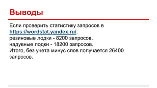 Выводы
Если проверить статистику запросов в
https://wordstat.yandex.ru/:
резиновые лодки - 8200 запросов.
надувные лодки - 18200 запросов.
Итого, без учета минус слов получается 26400
запросов.
 