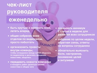 чек-лист
руководителя
быть крутым и заряжать всех,
лететь вперед
общее собрание всем
отделом по видеосвязи,
просто поболтать
передавать новости компании
и поощрять ребят делиться своими
новостями в общем чате
организовать проекты
внутри команды,
чтобы сотрудники между собой общались
по видеосвязи и делились эмоциями,
новостями, общались
скидывать минимум
2 статьи в неделю для
развития всех сотрудников
собрание по целям недели,
обратная связь, ответы
на вопросы сотрудника
обязательно выяснить
боли, настроение,
понимание целей
и энтузиазм
еженедельно
 