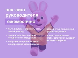 чек-лист
руководителя
быть крутым и заряжать всех,
лететь вперед
ежемесячно
тренинг для всего отдела
от одного из сотрудников
собрание по целям на месяц
и подведение итогов месяца
развернутый письменный
фидбек по работе
новые спец.проекты,
чтобы сотрудник выходил
из зоны комфорта
 