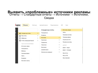 Выявить «проблемные» источники рекламы
Отчеты → Стандартные отчеты → Источники → Источники,
Сводка
 