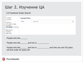 Шаг 2. Изучение ЦА
2.2 Facebook Graph Search
People who like ______
People who like ______ and live in ___________
People who like ______ and live in ___________ and who are over 20 years
old and under 40 years old
 