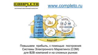 Повышаем прибыль, с помощью построения
Системы Электронного Маркетинга (СЭМ)
для B2B компаний и на сложных рынках
www.completo.ru
 