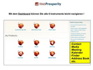 Mit dem  Dashboard  können Sie alle 6 Instrumente leicht navigieren ! Contact Media Meeting Kalender Finder Address Book etc. 