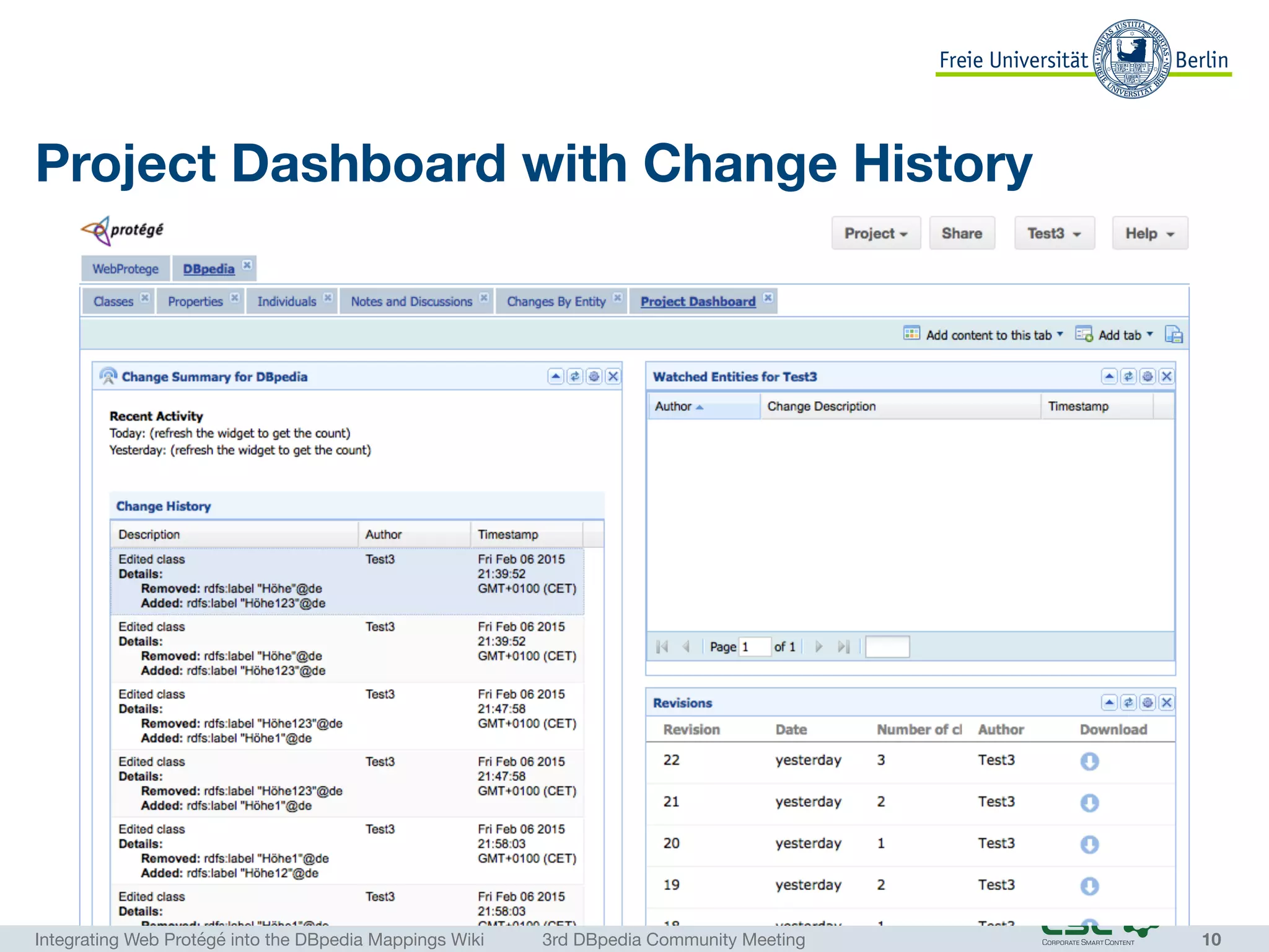 Integrating Web Protégé into the DBpedia Mappings Wiki	 3rd DBpedia Community Meeting
Project Dashboard with Change History
10
 