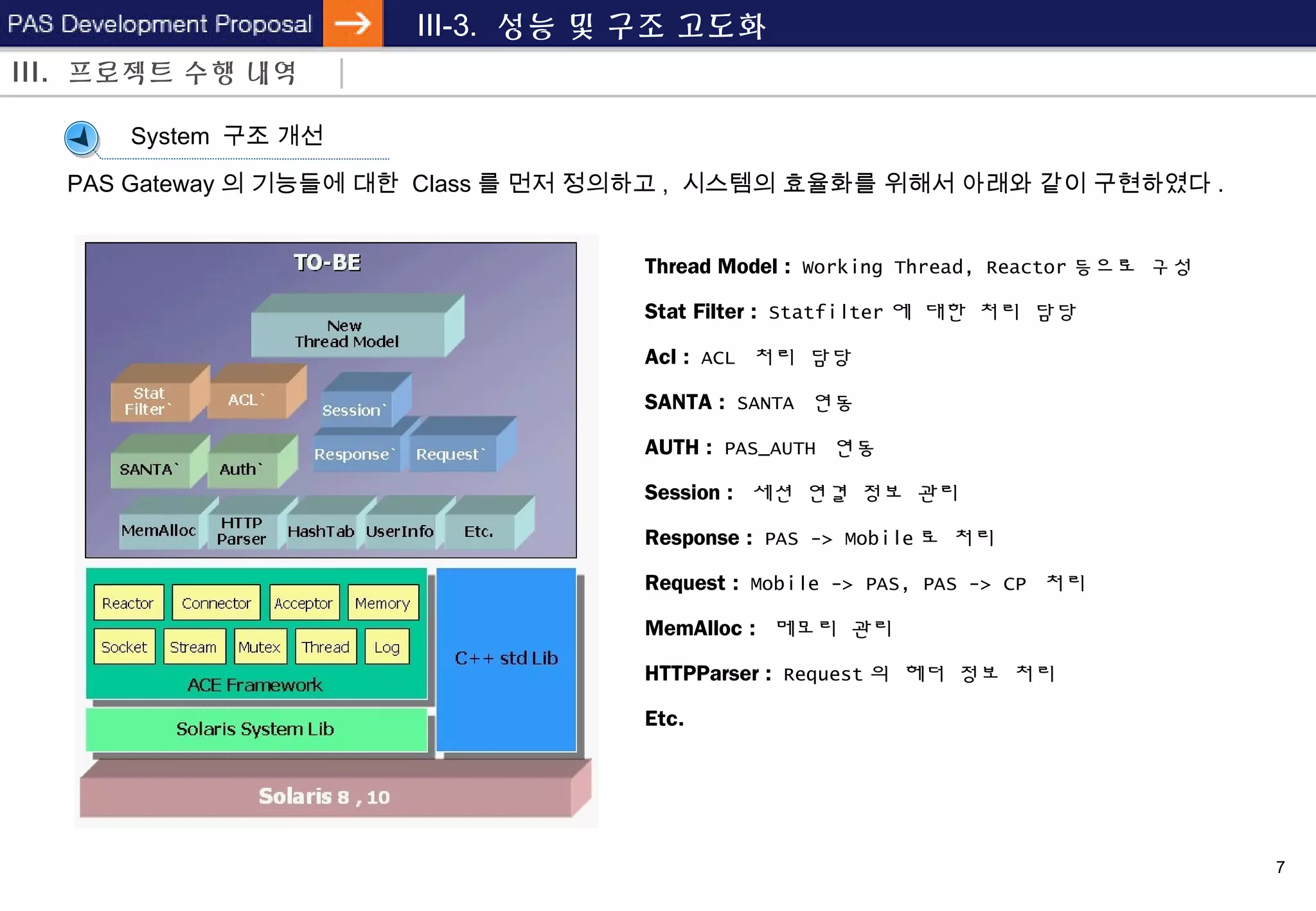7
III-3. 성능 및 구조 고도화
PAS Gateway 의 기능들에 대한 Class 를 먼저 정의하고 , 시스템의 효율화를 위해서 아래와 같이 구현하였다 .
III. 프로젝트 수행 내역
Thread Model : Working Thread, Reactor 등으로 구성
Stat Filter : Statfilter 에 대한 처리 담당
Acl : ACL 처리 담당
SANTA : SANTA 연동
AUTH : PAS_AUTH 연동
Session : 세션 연결 정보 관리
Response : PAS -> Mobile 로 처리
Request : Mobile -> PAS, PAS -> CP 처리
MemAlloc : 메모리 관리
HTTPParser : Request 의 헤더 정보 처리
Etc.
System 구조 개선
 