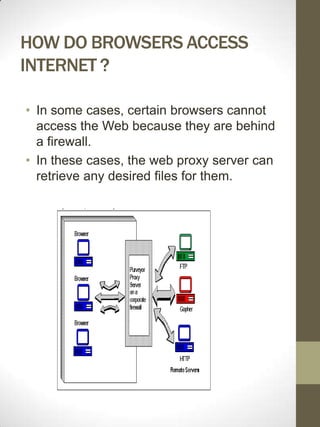 HOW DO BROWSERS ACCESS
INTERNET ?

• In some cases, certain browsers cannot
  access the Web because they are behind
  a firewall.
• In these cases, the web proxy server can
  retrieve any desired files for them.
 
