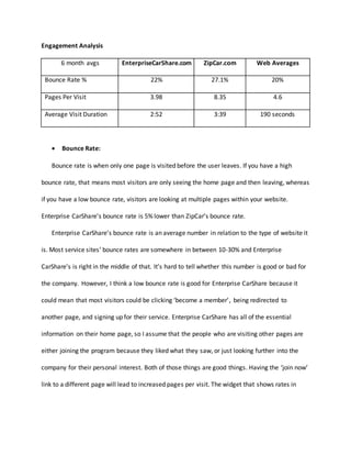 Engagement Analysis
6 month avgs EnterpriseCarShare.com ZipCar.com Web Averages
Bounce Rate % 22% 27.1% 20%
Pages Per Visit 3.98 8.35 4.6
Average Visit Duration 2:52 3:39 190 seconds
 Bounce Rate:
Bounce rate is when only one page is visited before the user leaves. If you have a high
bounce rate, that means most visitors are only seeing the home page and then leaving, whereas
if you have a low bounce rate, visitors are looking at multiple pages within your website.
Enterprise CarShare’s bounce rate is 5% lower than ZipCar’s bounce rate.
Enterprise CarShare’s bounce rate is an average number in relation to the type of website it
is. Most service sites’ bounce rates are somewhere in between 10-30% and Enterprise
CarShare’s is right in the middle of that. It’s hard to tell whether this number is good or bad for
the company. However, I think a low bounce rate is good for Enterprise CarShare because it
could mean that most visitors could be clicking ‘become a member’, being redirected to
another page, and signing up for their service. Enterprise CarShare has all of the essential
information on their home page, so I assume that the people who are visiting other pages are
either joining the program because they liked what they saw, or just looking further into the
company for their personal interest. Both of those things are good things. Having the ‘join now’
link to a different page will lead to increased pages per visit. The widget that shows rates in
 