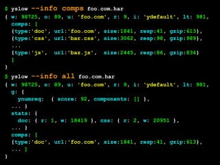 $ yslow --info comps foo.com.har
{ w: 98725, o: 89, u: 'foo.com', r: 9, i: 'ydefault', lt: 981,
  comps: [
  {type:'doc', url:'foo.com', size:1841, resp:41, gzip:613},
  {type:'css', url:'bar.css', size:3062, resp:98, gzip:989},
  ...
  {type:'js', url:'baz.js', size:2445, resp:86, gzip:834}
  ]
}
$ yslow --info all foo.com.har
{ w: 98725, o: 89, u: 'foo.com', r: 9, i: 'ydefault', lt: 981,
  g: {
    ynumreq: { score: 92, components: [] },
  ... }
  stats: {
    doc: { r: 1, w: 18419 }, css: { r: 2, w: 20951 },
  ... }
  comps: [
  {type:'doc', url:'foo.com', size:1841, resp:41, gzip:613},
  ... ]
}
 