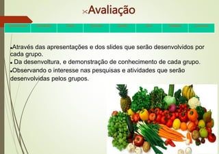 Avaliação
Através das apresentações e dos slides que serão desenvolvidos por
cada grupo.
 Da desenvoltura, e demonstração de conhecimento de cada grupo.
Observando o interesse nas pesquisas e atividades que serão
desenvolvidas pelos grupos.
•Apresentação •Introdução •Tarefa •Processo •Desafio •Dica Avaliação •Conclusão
 