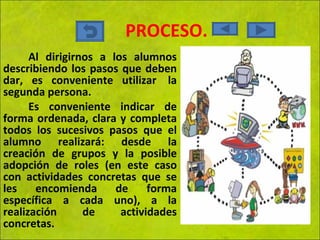PROCESO. Al dirigirnos a los alumnos describiendo los pasos que deben dar, es conveniente utilizar  la segunda persona.  Es conveniente indicar de forma ordenada, clara y completa todos los sucesivos pasos que el alumno realizará: desde la creación de grupos y la posible adopción de roles (en este caso con actividades concretas que se les encomienda de forma específica a cada uno), a la realización de actividades concretas.  