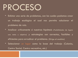 PROCESO Enlistar una serie de problemas, con los cuales podamos crear un trabajo ecológico el cual nos permita solucionar el problema de raíz. Analizar críticamente si nuestras hipótesis  (Posibilidades de lograr una meta u objetivo)  y estrategias son correctas, factibles y eficientes para erradicar el problema.  (Dirige el analista) Seleccionar  un lugar  como la base del trabajo (Colonia, Centro Social, Centro recreativo, etc.) 