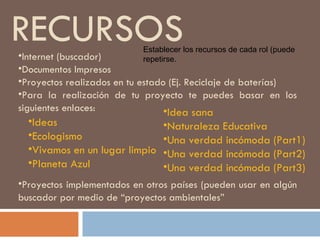 RECURSOS Internet (buscador) Documentos Impresos  Proyectos realizados en tu estado (Ej. Reciclaje de baterías) Para la realización de tu proyecto te puedes basar en los siguientes enlaces: Proyectos implementados en otros países (pueden usar en algún buscador por medio de “proyectos ambientales” Ideas Ecologismo Vivamos en un lugar limpio Planeta Azul Idea sana Naturaleza Educativa Una verdad incómoda (Part1) Una verdad incómoda (Part2) Una verdad incómoda (Part3) Establecer los recursos de cada rol (puede repetirse. 