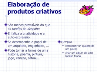 Elaboração de
produtos criativos

São menos previsíveis do que
as tarefas de desenho.
Enfatiza a criatividade e a
auto-expressão.
Se desempenha o papel de        Ejemplos
um arquiteto, engenheiro, ...     reproduzir un quadro de

                                   um pintor
Pode tomar a forma de uma
                                  criar um álbum de uma
história, poema, pintura,
                                   família feudal
jogo, canção, sátira,...
 