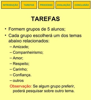 TAREFAS Formem grupos de 5 alunos; Cada grupo escolherá um dos temas abaixo relacionados: Amizade; Companheirismo; Amor; Respeito; Carinho; Confiança. outros Observação:  Se algum grupo preferir, poderá pesquisar sobre outro tema. TAREFAS CONCLUSÃO PROCESSO AVALIAÇÃO INTRODUÇÃO 