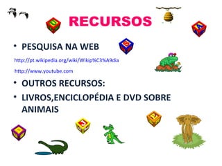 RECURSOS PESQUISA NA WEB   http://www.youtube.com OUTROS RECURSOS: LIVROS,ENCICLOPÉDIA E DVD SOBRE ANIMAIS http://pt.wikipedia.org/wiki/Wikip%C3%A9dia 