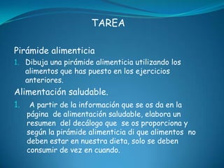 TAREAPirámide alimenticiaDibuja una pirámide alimenticia utilizando los  alimentos que has puesto en los ejercicios anteriores.Alimentación saludable.A partir de la información que se os da en la página  de alimentación saludable, elabora un resumen  del decálogo que  se os proporciona y según la pirámide alimenticia di que alimentos  no deben estar en nuestra dieta, solo se deben consumir de vez en cuando.
