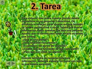 2. TareaPara conocer más sobre nuestro mundo debéis convertiros en un grupo de 3 detectives. Os dividiréis la tarea en parte iguales aunque también os podéis ayudar unos a otros. Tenéis que buscar información sobre nosotras. Os dejo una pequeña ayudita que os servirá para saber en qué os tenéis que centrar:¿Qué es una planta?