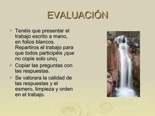 EVALUACIÓN Tenéis que presentar el trabajo escrito a mano, en folios blancos. Repartiros el trabajo para que todos participéis ¡que no copie solo uno¡ Copiar las preguntas con las respuestas. Se valorara la calidad de las respuestas y el esmero, limpieza y orden en el trabajo. 