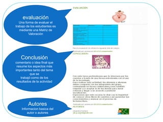 evaluaciónUna forma de evaluar el trabajo de los estudiantes es mediante una Matriz de ValoraciónConclusióncomentario o idea final que resume los aspectos más importantes tanto del tema que setrabajó como de los resultados de la actividadAutoresInformacionbasica del autor o autores