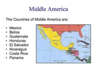 Middle America The Countries of Middle America are: Mexico Belize Guatemala Honduras El Salvador Nicaragua Costa Rica Panama 